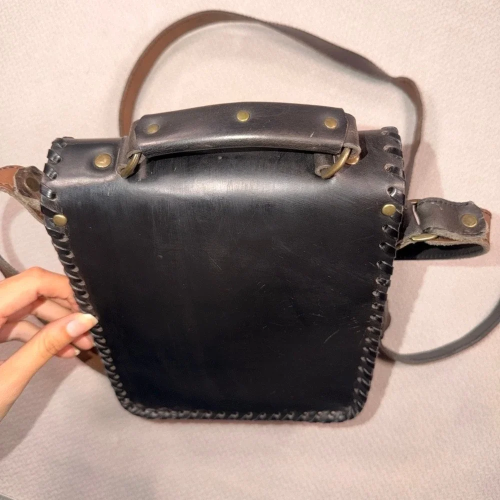 Unbranded Hand-Stitched Leather Crossbody Bag Small Women Black Whipstitch